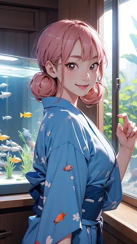  1 girl、solo、 short hair、 double bun、 Pink Hair、 brown eyes、uniform、Blue yukata、fun、smile、Aquarium fish tank 