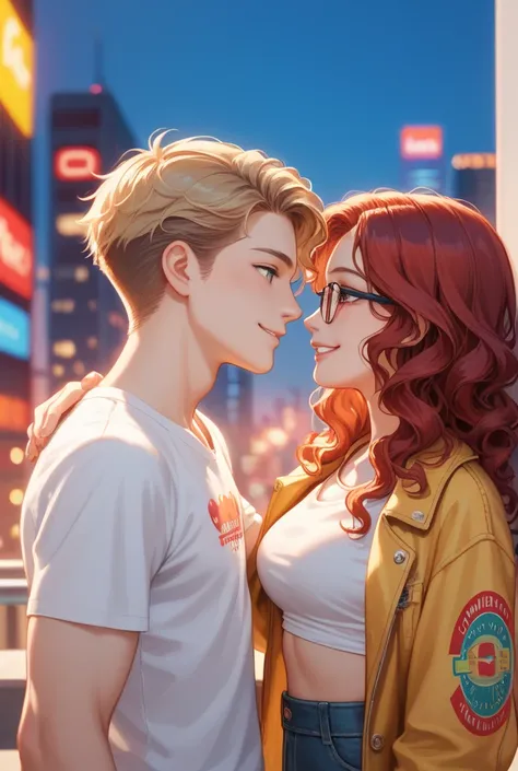  Imagine a young couple smiling and looking into each others eyes ,  with a city background at dusk and a completely red sky , without yellow tones . The man, 27 years old,  wears a white t-shirt with a red J logo on the top left and has dark, wavy hair. T...