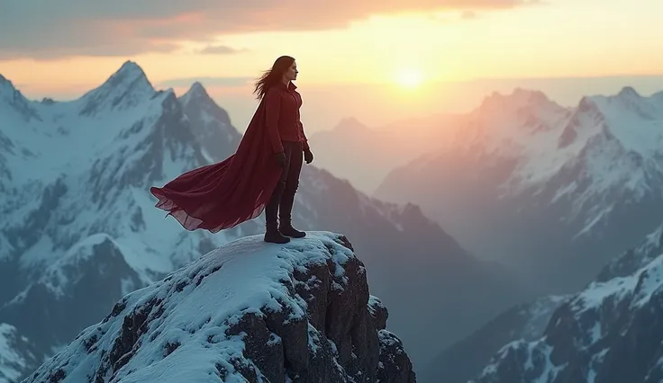 A woman standing tall on top of a mountain at sunrise, looking victorious and strong, representing the triumph of resilience after facing hardships.