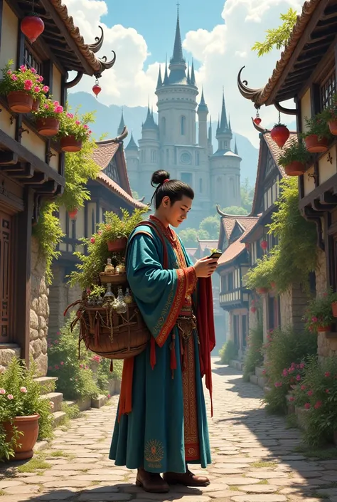 In a medieval fantasy setting, an alchemist asian around , with long alchemist dresses and a bag full of medical supplies