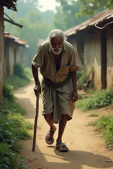 An Indian old man unable to walk properly due to an injury or illness that has damaged one or both of their legs..He try to walk in the village path . 