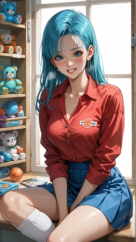 Bulma anime dragon ball, with neckline, shy,  gritting teeth  、  Heavy breathing  、  medium breasts, collisions ,   Blum,   long sleeves , blue skirt,  shores jens cortos 、sweat, toys,   collared shirt , camisa blanca,  alternative costume, Wide socks ,   ...