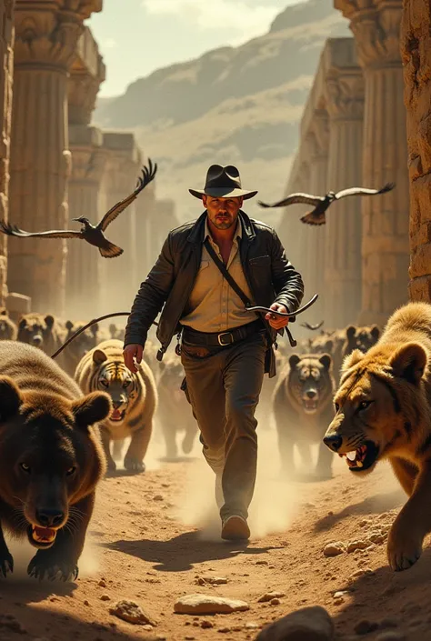 Indiana jones near a ancient greek site, a temple, with many wild animals chasing him like bears, lions tigers birds horses