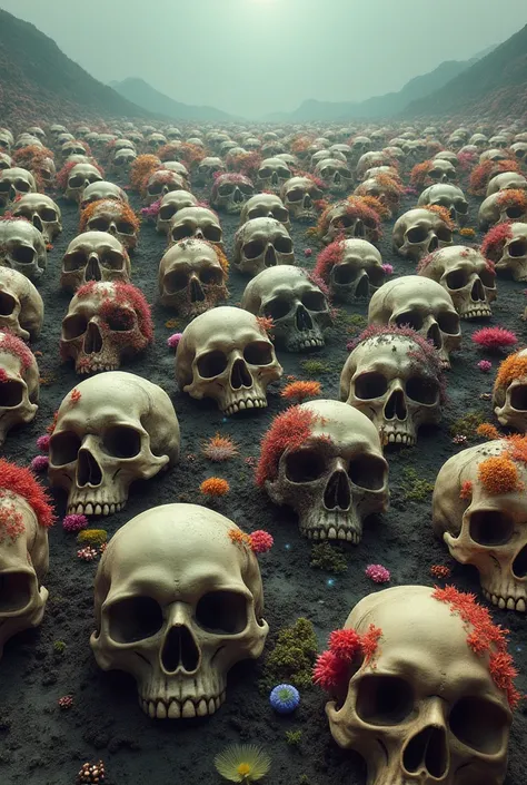 A reservoir of skulls in the interperie ,  these grow fungi of all colors through the eyes and around them