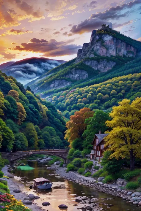 A small village on the river, clouds, mountains in the background, colorful flowers,  detailed landscape ,  beautiful natural landscapes,  atmospheric lighting , fiery red sunset, warm colors, Practical,  photorealistic, detailed foliage, complex buildings...