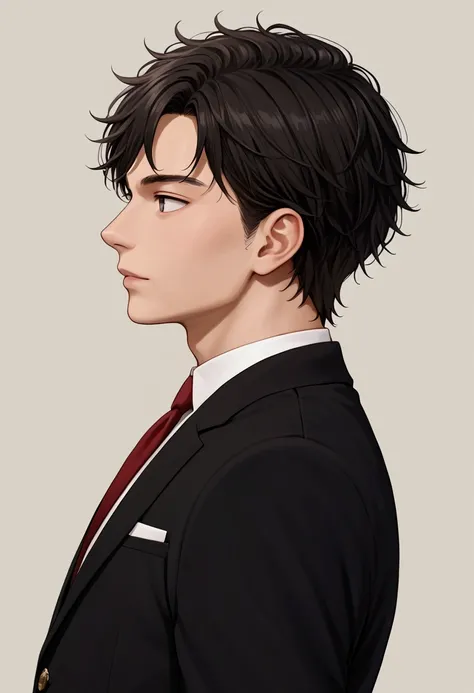 best quality,masterpiece,anime,8k,highly detailed,physics-based rendering,realistic skin,(detail hair:1.3),1 boy with black down hair,  from side ,upper body