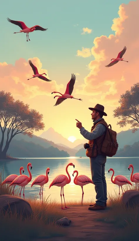 " comes to life with flamingos floating delicately over the water ,  presses the shutter while admiring the scenery . Flamingos ,  trees in silhouette in the distance offer a natural frame to the scene .  on the one hand happily follows the movements of bi...