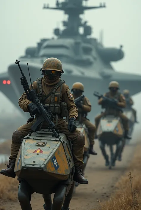 dozen russian donbass soldiers in mandalorian armor riding Basilisk war droids are going to assault an american warship, birds view, like star wars but with russians, imrat donbass insignias, russian military, soviet signs on soldiers armor