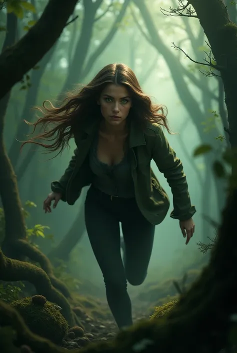 
 I would like your help in creating a girl with long brown hair with seductive green eyes. She is fleeing the woods because some people are chasing her .