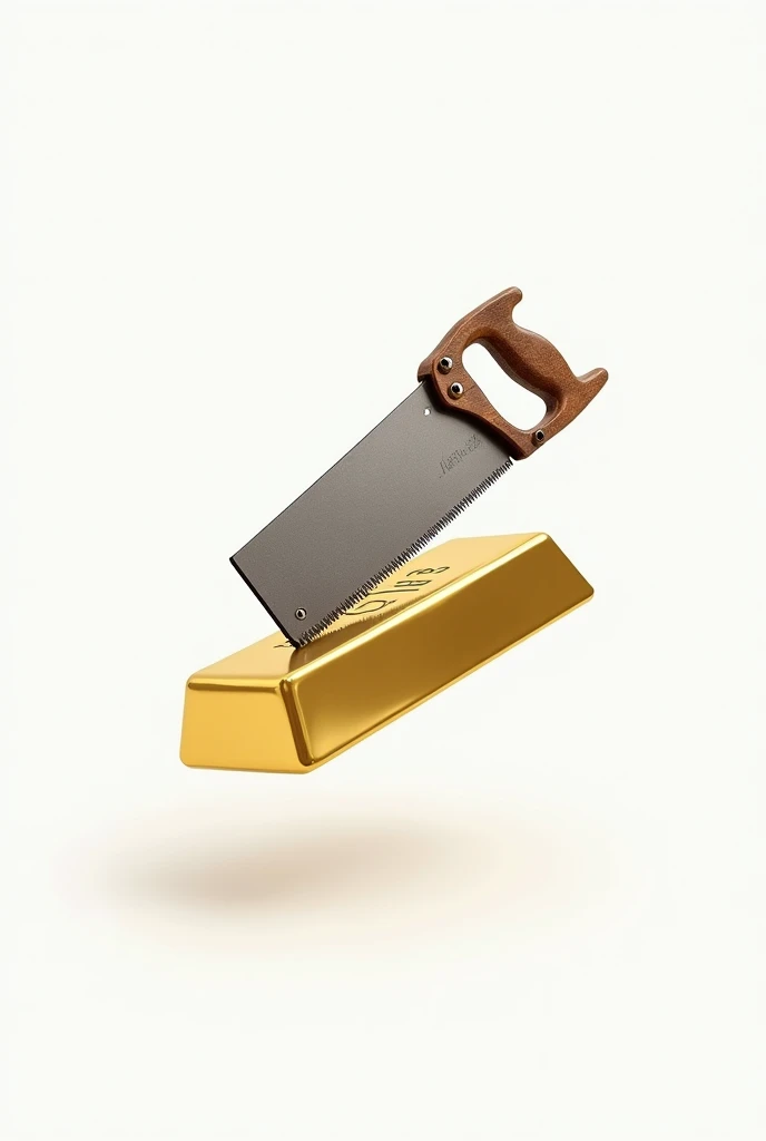 A hand saw cutting gold bar without human hand with white  background 