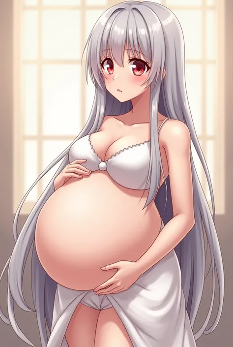 Highest quality,  girl, pregnant with ten twins, belly bigger than her body, pregnancy, big tits, cute, H cup, long silver hair, red eyes, white dress, full term, breasts exposed, slutty, long hair, , incredibly big belly, acting cute, huge belly, slutty, ...