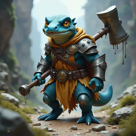 A D&D blue kobold, wearing damaged paladin armor and a big hammer on his back