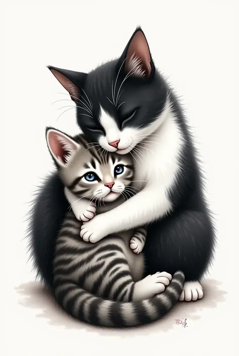  Create a tattoo image of a black and white cat together with a tabby kitten with a white breast, both cuddling and hugging each other  