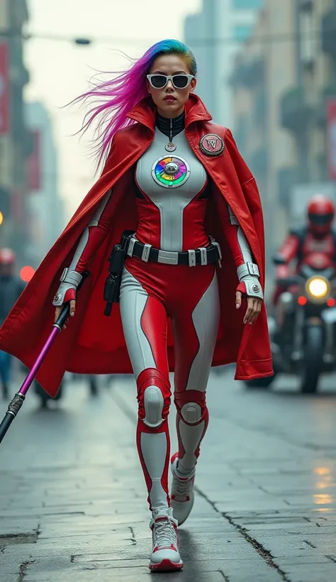 A slender young and beautiful woman with excellent proportions, wearing a cyberpunk, futuristic, colorful crimson and white rider suit, a protector with luminous organs, and a leather cloak with a colorful emblem. He is wearing cyber sunglasses, rainbow-co...