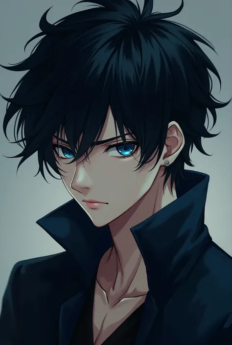 22-year-old male ,  with deep blue eyes as if hiding secrets through his eyes,  perfect face beautiful dark black hair ,  hair as anime character ,  demonstrating power and secrets  