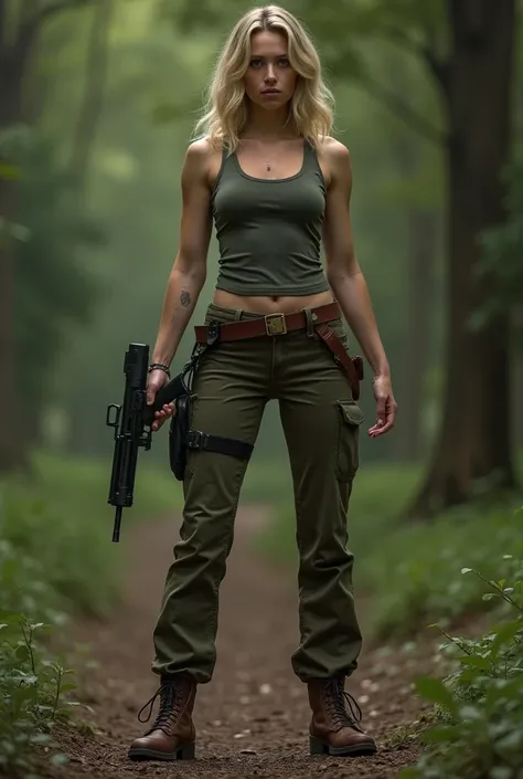 A strong, tall, slender, young, blonde woman with slightly wavy blonde hair in normal clothes. She stands confidently in a forest with her legs slightly apart, facing forward looking into the distance, a firearm in one outstretched hand, a confident expres...