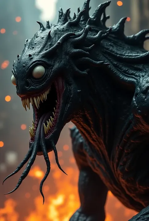 The image shows a close-up of a dark, monstrous creature with sharp teeth, an elongated tongue, and a black, gooey, symbiotic texture. The creatures head is large, with white eyes that lack pupils, giving it an eerie and menacing appearance. Tendrils or bl...