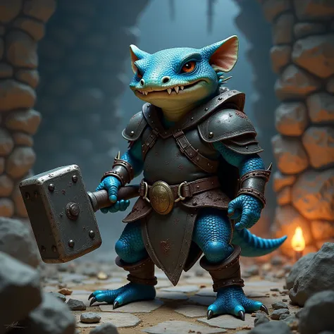 A D&D blue kobold, wearing damaged black paladin armor and holding a very big square hammer