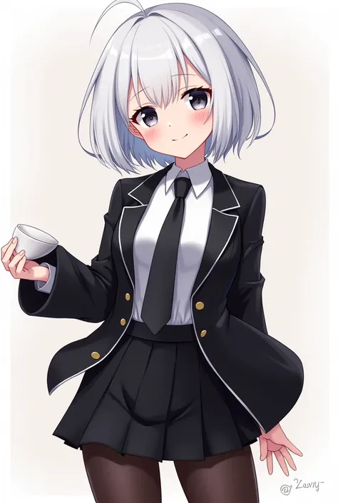 A cheerful anime girl with short white hair and a black smokin shirt and a tie with black eyes with a short black miniskirt and black cyborg tights