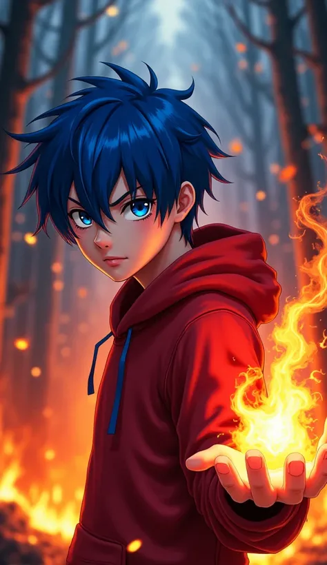 anime boy with blue hair in red hoodie, blue eyes male anime character, villain style holding magic fire on the hand and background the forest is on fire