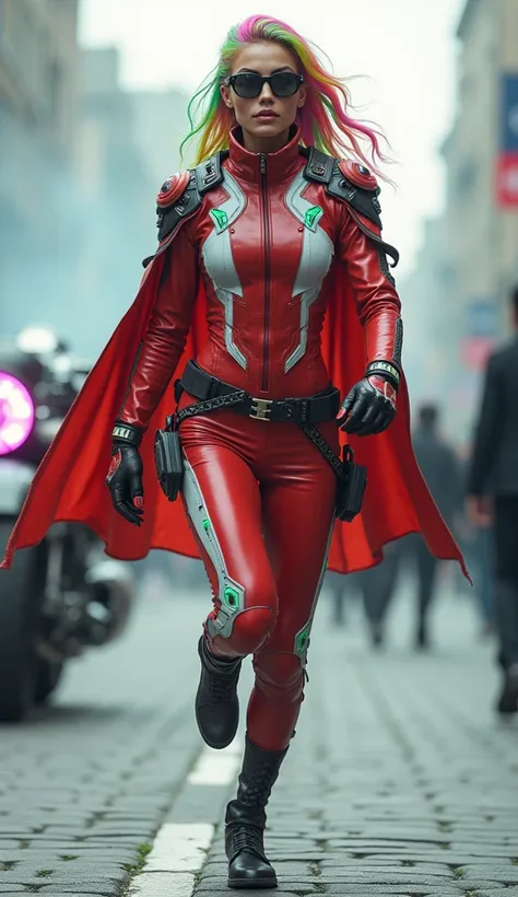 A slender young and beautiful woman with excellent proportions, wearing a cyberpunk and futuristic colorful crimson and white rider suit, a protector with luminescent organs, and a leather cloak with a colorful emblem. He is wearing cyber sunglasses, rainb...