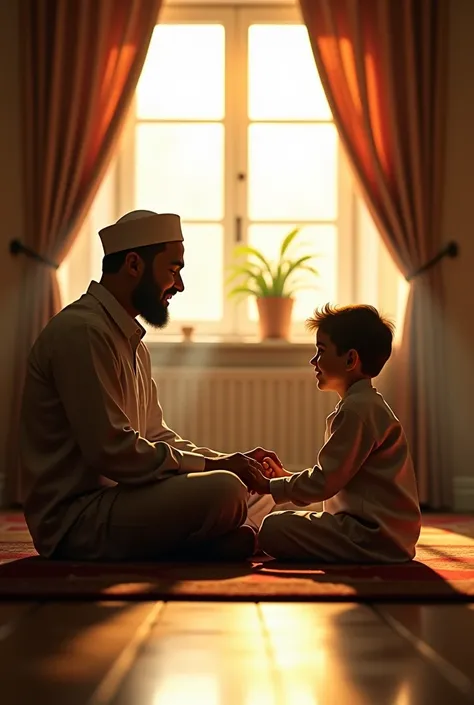 there is a man and a boy sitting on the floor in a living room, a picture by Dan Content, shutterstock, hurufiyya, with a , radiant morning light, bright light masterpiece, two buddies sitting in a room, story telling, warm and joyful atmosphere, sufism, f...