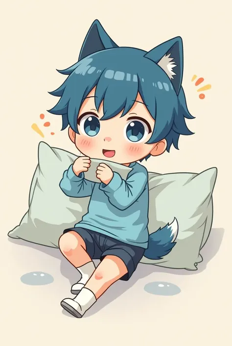 Anime,cartoon,chibi drawing , teenage boy , Korean wolf-cut hair,Blue Long Sleeve Shirt, shorts ,White socks,Pillow-picking pose 