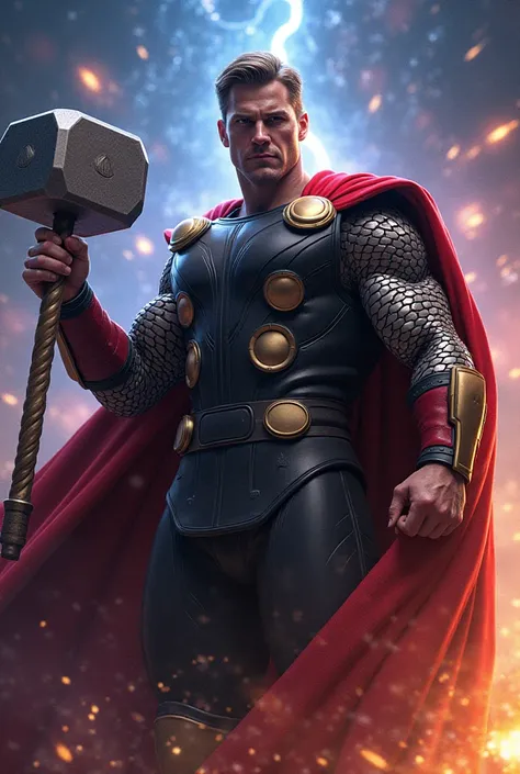 A powerful man good looking having thor hammer in hand and feeling the power of infinity stones 