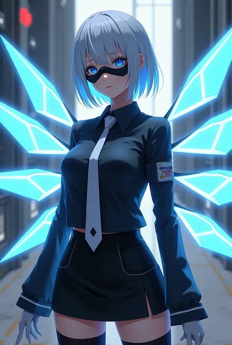 A serious anime girl with short white hair and a black smokin shirt and a tie with a short black miniskirt and black tights and with 8 futuristic blue wings and a futuristic mask that covers her eyes