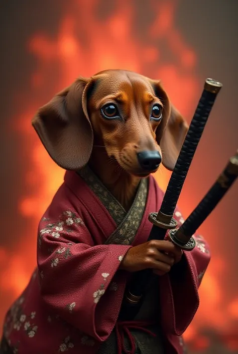 Dachshund Smooth Baird Brown Samurai、I have 3 Japanese swords、 I have a Japanese sword in my right hand、He is holding a Japanese sword in his left hand.、 Im biting off the handle of a Japanese sword、My left eye is scratched 、A male brown miniature dachshun...