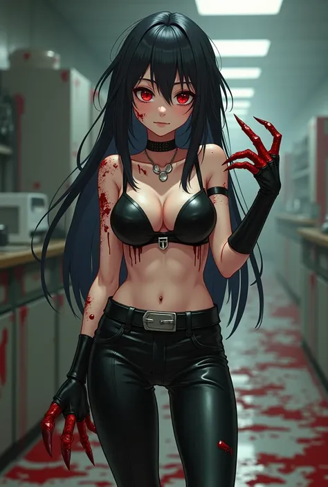 Cute anime girl with black hair and red eyes in a black leather pants with belt and boots posing for a picture, black leather bra, Her hands are dinosaur claws and blood dripping from them. WIth velociraptor bloody claws. Light skin. Posing in destroyed la...