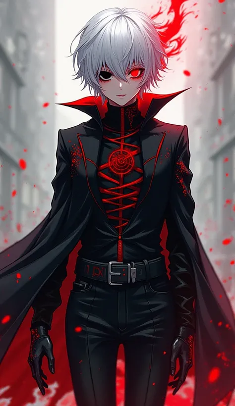 Create image of Ken kaneki from Tokyo ghoul ,white hair, one black eye and one bloody red eye, in Daddyneki outfit, show full body, japnese anime style.