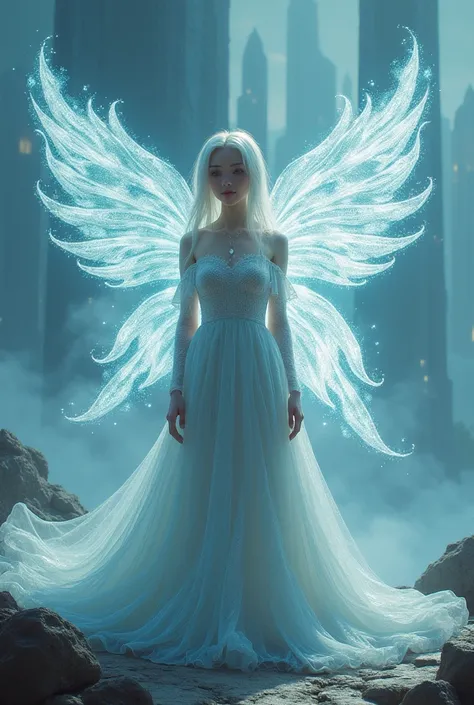 Fantasy AI Girl: "A mystical AI girl with translucent, glowing wings that shimmer with digital patterns. She wears an elegant gown that seems to be made of light and data, and her hair floats around her head like a digital cloud. The background is a fantas...