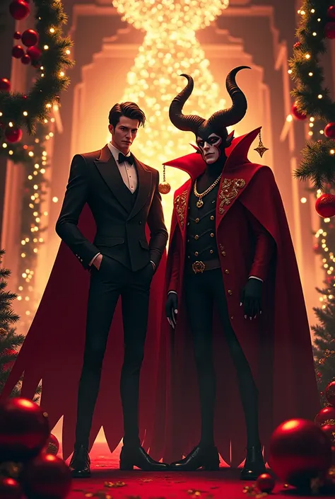 This is not HOTEL HAZBINE ,  PLEASE HOTEL HAZBIN A PICTURE WHERE ALASYER AND LUCIFER ARE STANDING AND THERE IS CHRISTMAS DECORATION IN THE BACK, NUR HAZBIN HOTEL NICHYS ANDERES!