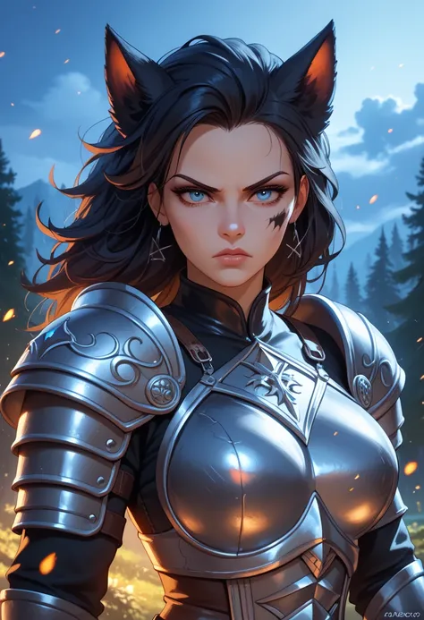 1 woman,werewolf woman,black fur, white fur, sky blue eyes,big,bigs pechos, leather armor ,intimidating,imposing,Evening, Particles ,,forest,Good detail,(masterpiece), perfect and detailed face, good resolution,good anatomy,HD,4k,8K