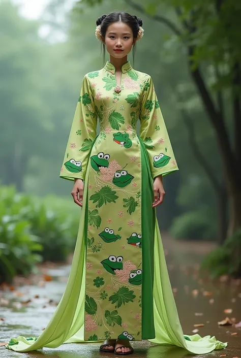 Generate an Áo Dài (the Vietnamese women traditional dress) with Pepe pattern (the green frog)