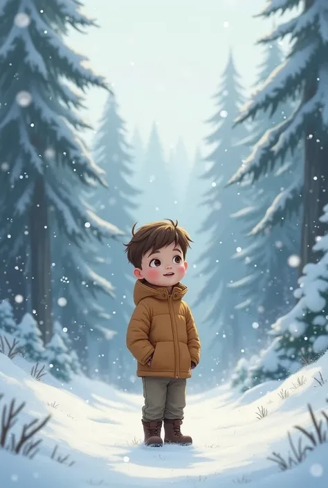 a young boy, clear skin, Brown hair, Brown eyes, in the middle of a snowy forest