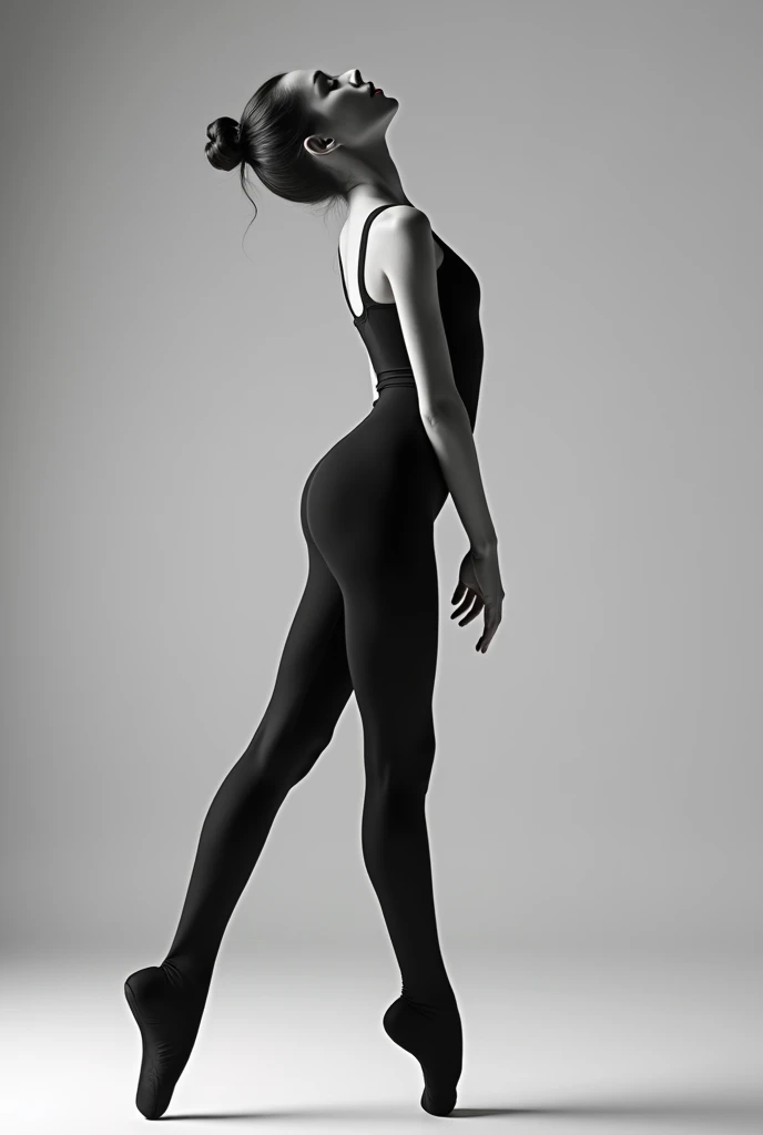 A studio black and white portrait of a young Caucasian girl. She is a ballerina, wearing a sleek black bodysuit. Beautiful, flexible, thin and slender. She is wearing black thigh-high dance tights and pointe shoes. The view is from the side. Her body is in...