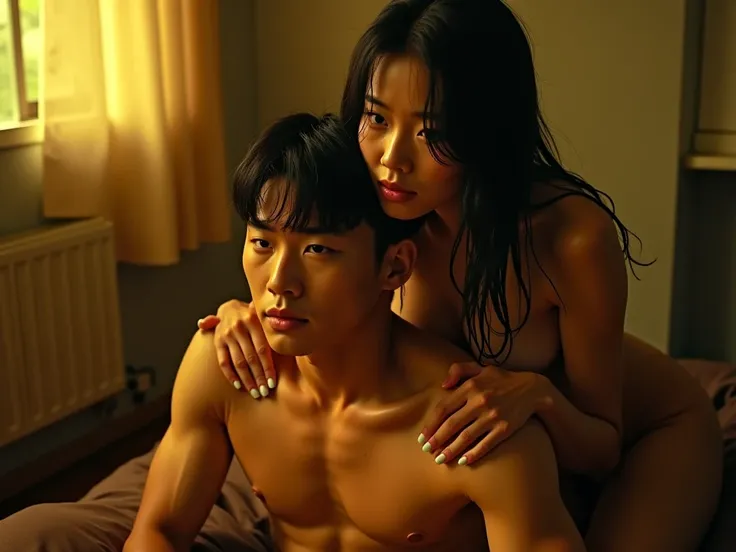 Korean woman with wet long black hair, naked, is sitting on top of muscular Korean man in a buzzcut haircut. The man is tanned while lying in a bed with brown cover. They are both naked while soaking in sweat. The backdrop is worn out apartment. As midnigh...