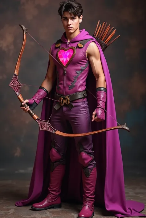 Handsome HOT Ukrainian TEEN YOUNG Man. Full body picture. Valentines Hero Costume. Superpower: HEARTS ARCHER BOW. AMETHYST COLORED Leather Hero Costume. AMETHYST Sleeveless. BEAUTIFUL BOW. HEART SYMBOL