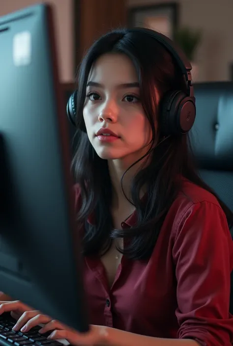 Create a young female streamer in her set up , who has fair skin and smooth black hair ,  European features and the point of view must be of a camera located above the monitors, so the monitors should not appear in the photo