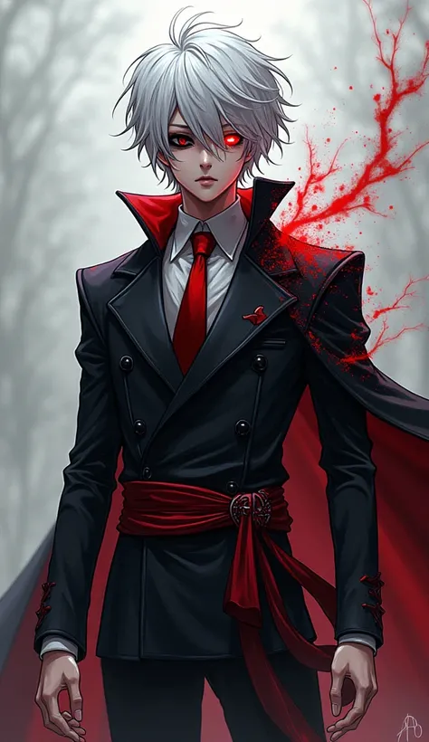 Create image of Ken kaneki from Tokyo ghoul ,white hair, one black eye and one bloody red eye, in Daddyneki outfit, show full body, japnese anime style.