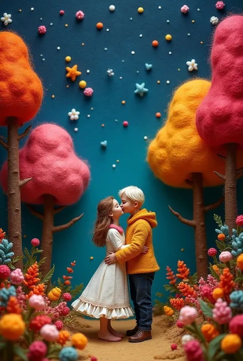  Couple kissing each other embracing in a forest of different colored trees on a starry night.  The whole scene is made of felt and layered . The couple is embroidered in wool .