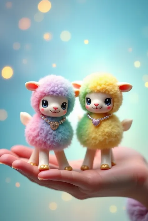 Here is a possible prompt for generating a similar image:

"Two adorable toy-like lambs with colorful rainbow wool, one in pastel pink and blue, and the other in yellow and green. They are standing on a human hand, wearing sparkling beaded necklaces with h...