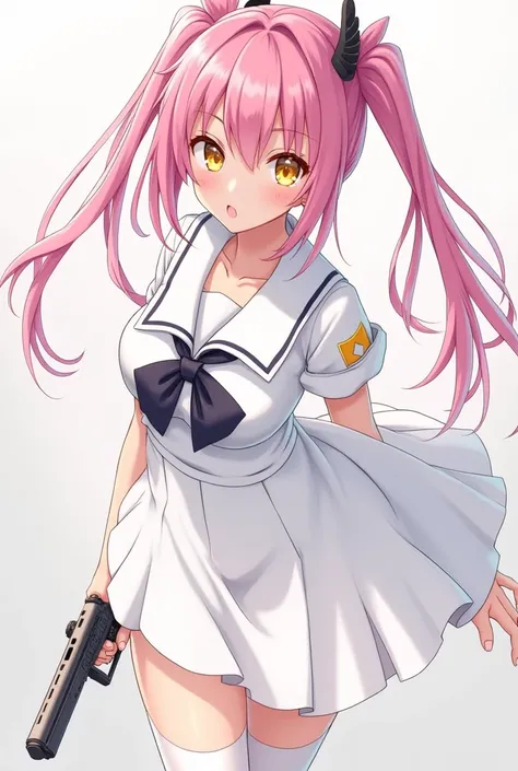 Anime, pink hair, long hair, white school dress, yellow eyes, hair tie with wings, straight waist, wearing white stockings, holding a pistol