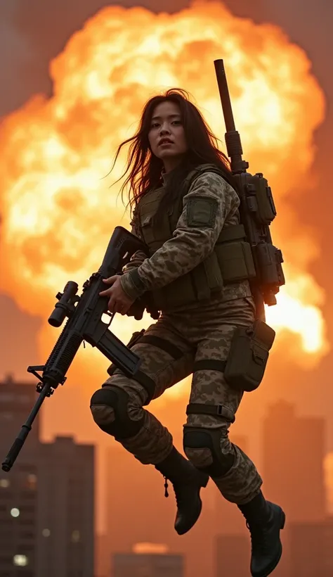 documentary photo, Photo-realistic, ultra-realistic, beautiful asian girl, famous Asian idol, (Fully equipped for battle:1.5), holding m4a1 large assault rifle, (spectacular view of massive explosion at buildings:1), (she is very scared and crying:1), (wea...