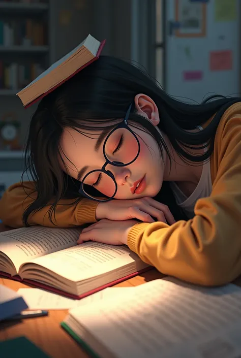 Create an image of a 19 year old cute teen girl, wearing glasses, with long hair, sleeping "head on arms" posture, an opened book on her head upsidedown and some books scattered around her table