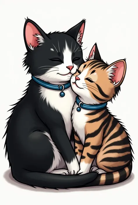  Create a tattoo image of a black and white cat together with a tabby kitten with a white breast, both cuddling and hugging each other  de collar azul 