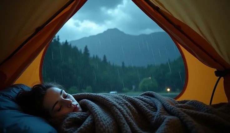 Point of view view from inside the camping tent. The door is wide open, heavy rain outside, dark clouds are gripping and low visibility, dense forest atmosphere. and there is a woman sleeping soundly inside the tent wearing a thick blanket only her face is...