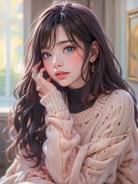 Hyper-realistic,photorealistic,a beautiful young girl, 15歳、detailed face, 厚い唇、つやつやした唇,口を少し開く、long black hair, オフショルダーwhite sweater mini dress, black tights,black heels, super high definition painting